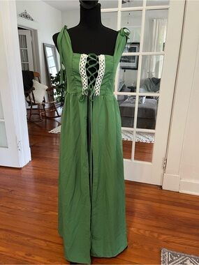 Medieval Renaissance Faire Lace-Up Green Outer Dress with White Crochet Trim